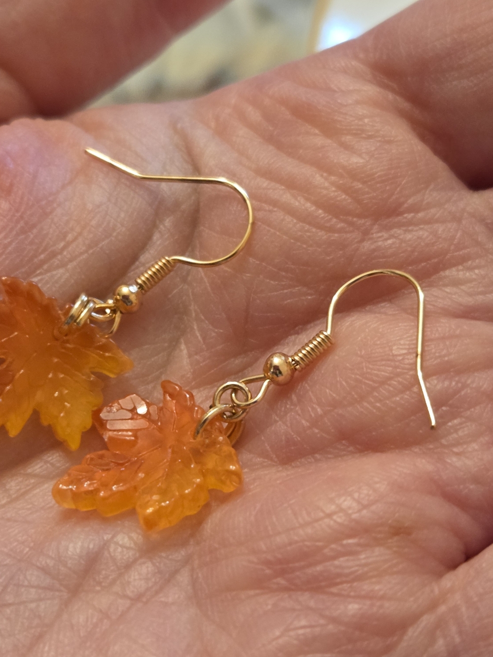 Autumn Maple Leaf Drop Earrings - Golden Orange Resin- NWT - Picture 5 of 6